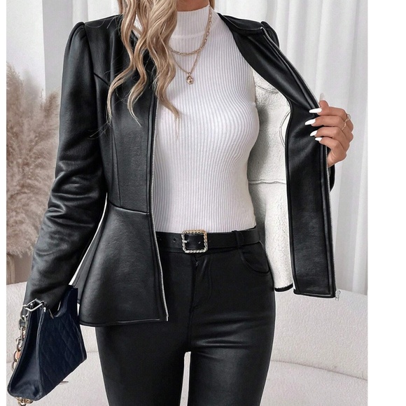 Classic Vegan Leather Zip up Puff Sleeve Flared Hem Jacket - Picture 2 of 10